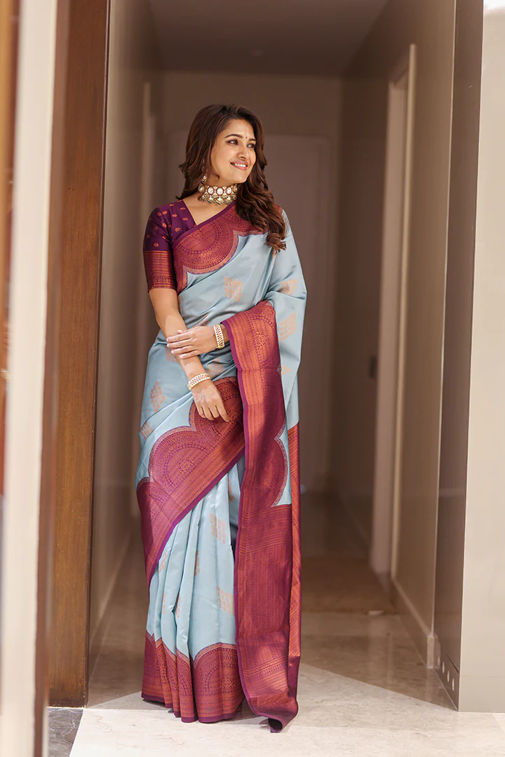 Ice blue designer sarees with gold zari – Meshira