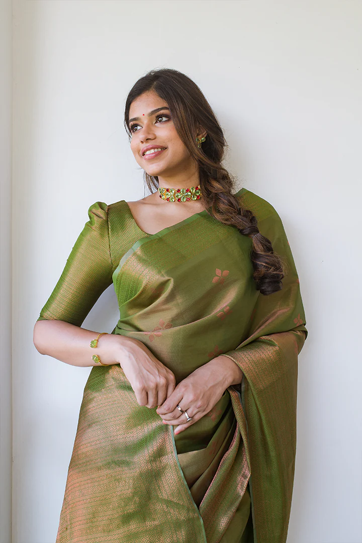 Achira Green Tissue Semi Silk Saree | The Pallu Shop