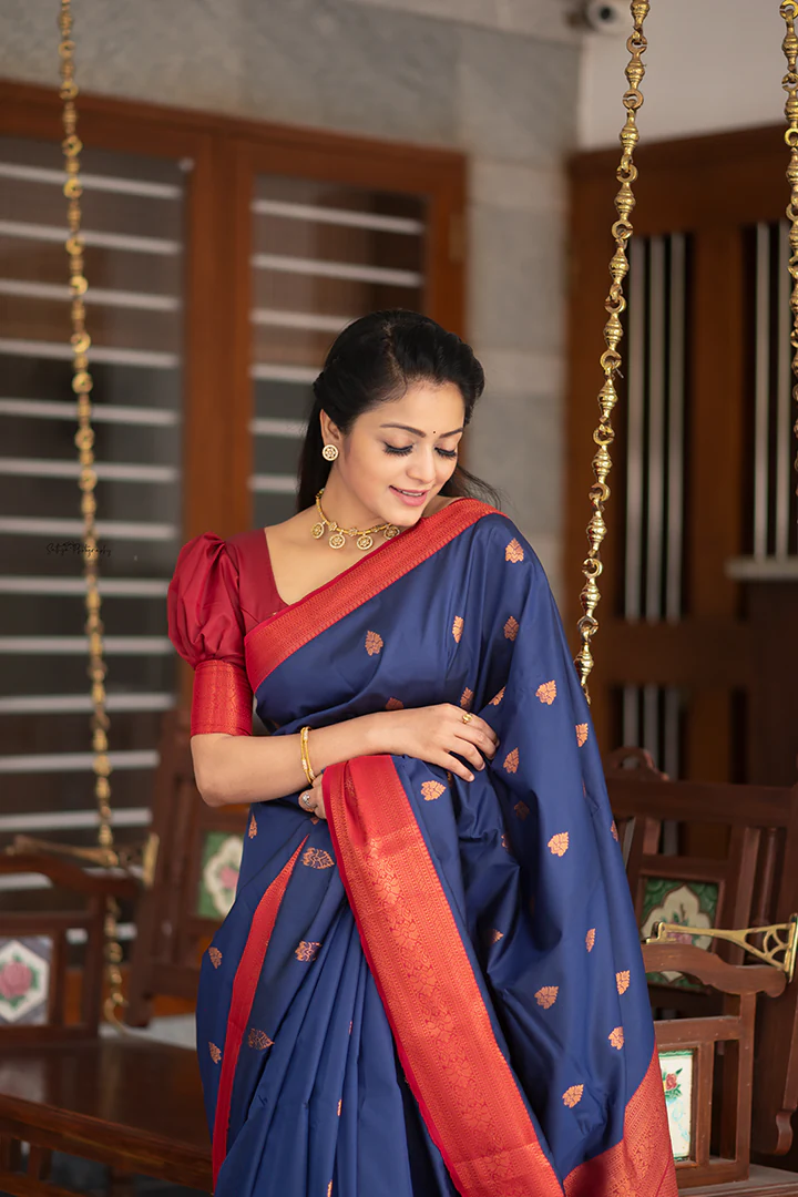 Azure Blue & Red Tussar Silk Saree