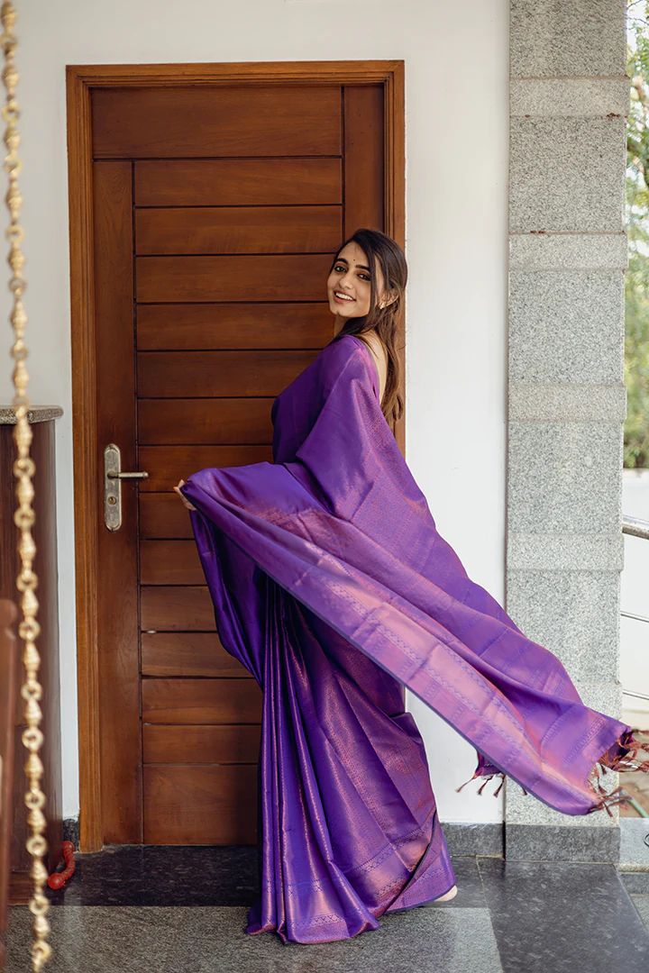 Pretty Purple Plain Katan Cotton Silk Saree with Zari Border - Loomfolks