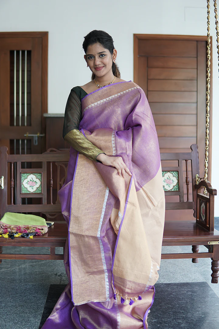 Golden Tissue Linen Saree – The Urban Doe