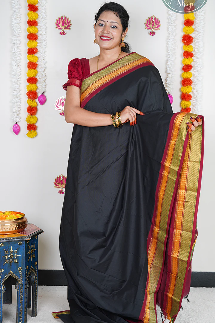 Maroon Kalyani Cotton Saree with Black Border