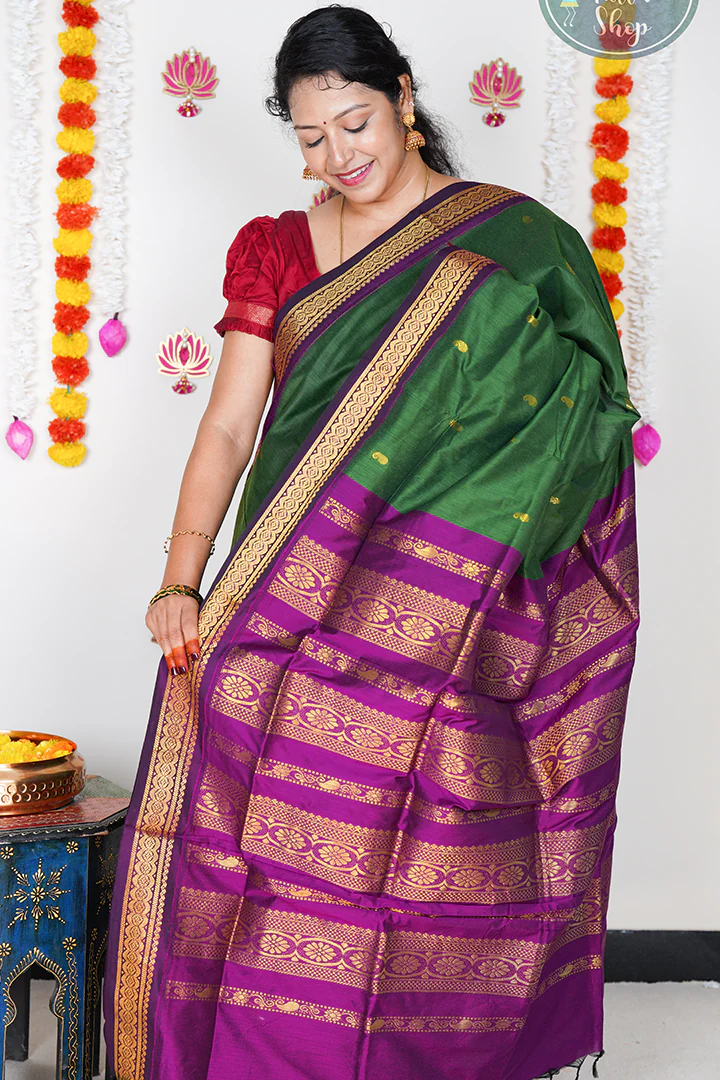 Kalyani cotton saree pink and green with zari woven buttas and