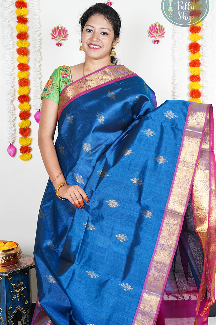 Navarathri Peacock blue Kanchi Korvai Silk Cotton Saree | The Pallu Shop